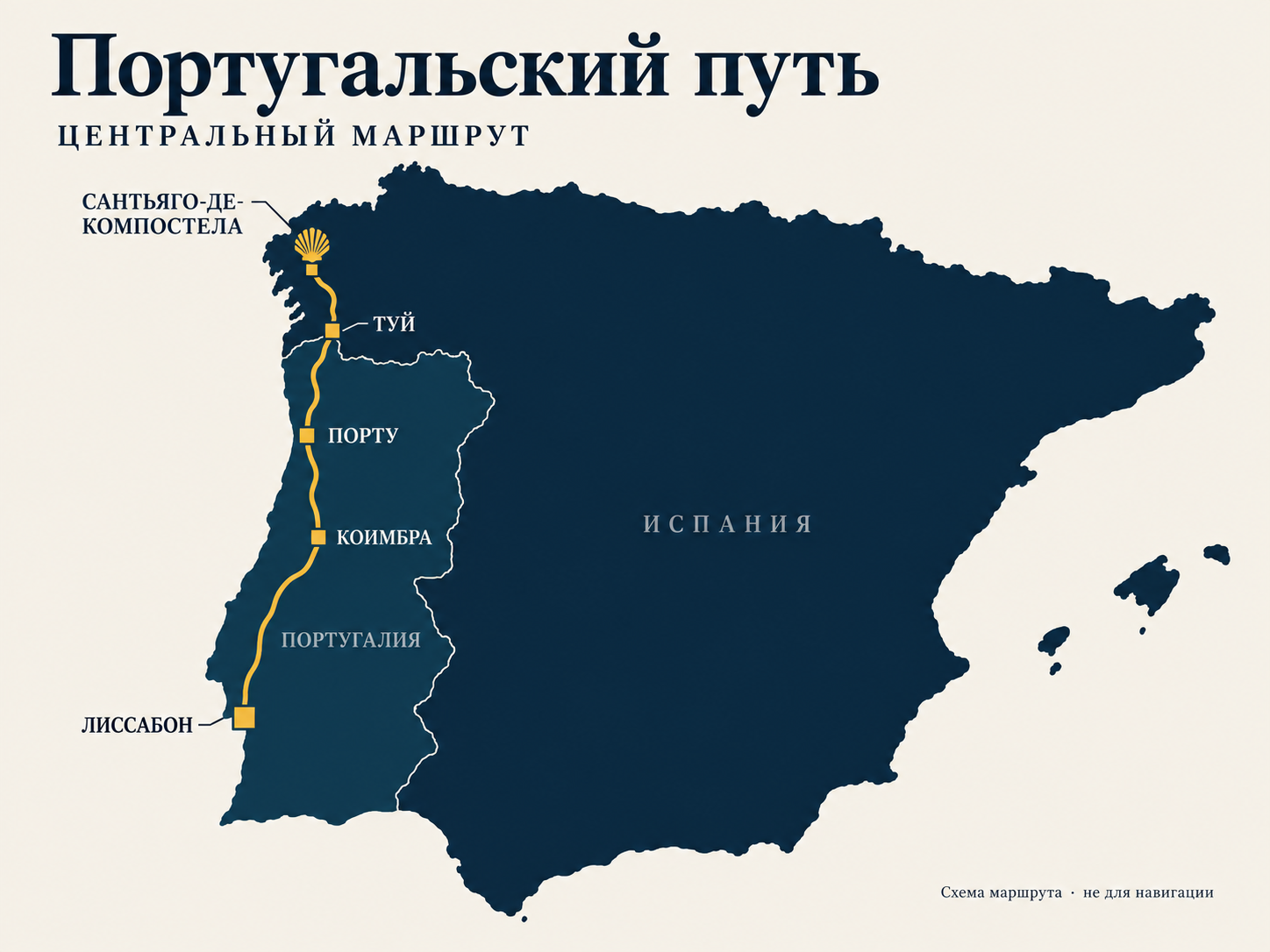 Схема Центрального Португальского пути: Лиссабон, Коимбра, Порту, Туй и Сантьяго-де-Компостела